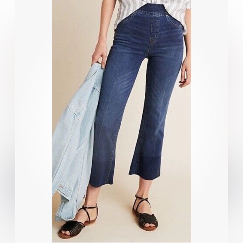 SPANX FLARE CROPPED JEANS Indigo Blue Pull-on Jeans Raw Hem 20231R Sz SMALL NWOT
